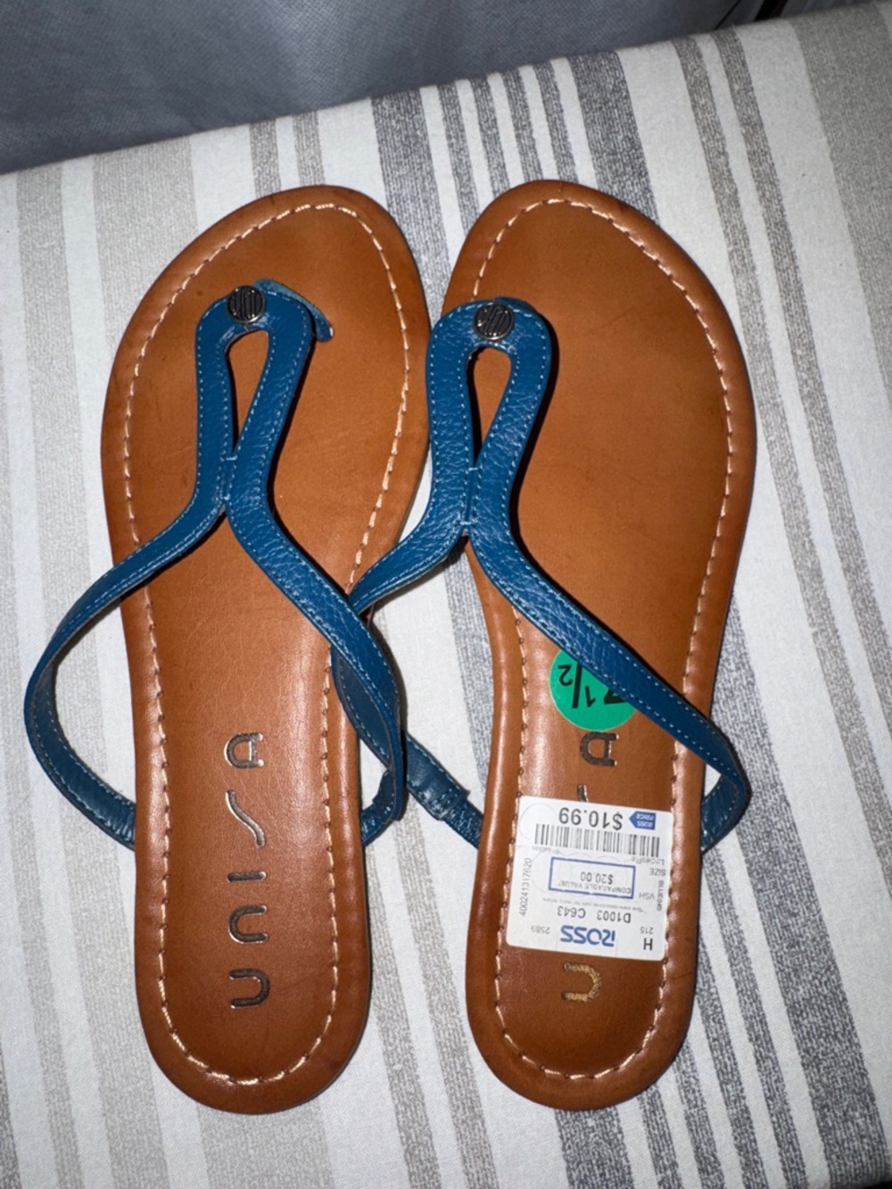Unisa Blue Leather Thong Sandals with Brown Footbed